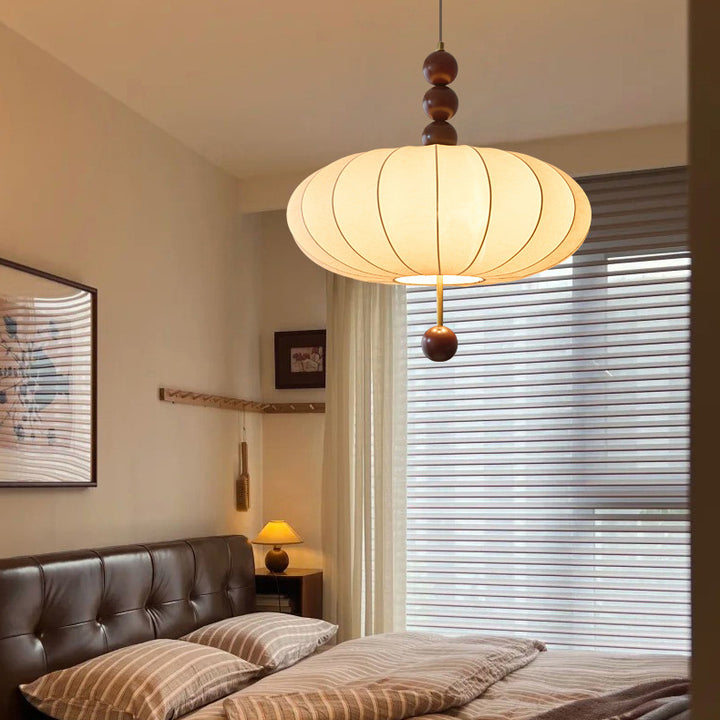 Suspension Luminaire en Bois Tissu Rond Plat Chinois Traditionnel 3/4 Lumière Pour Chambre 