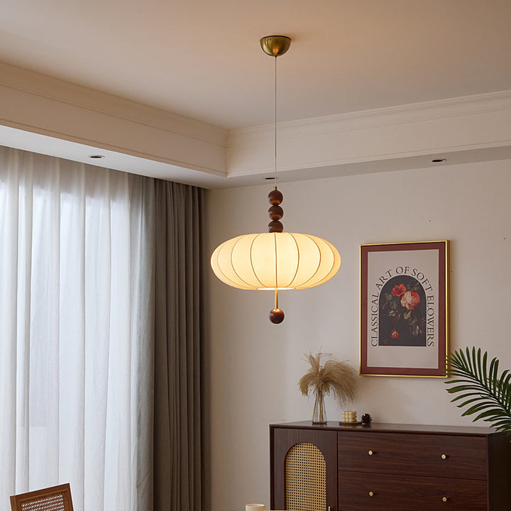 Suspension Luminaire en Bois Tissu Rond Plat Chinois Traditionnel 3/4 Lumière Pour Chambre 