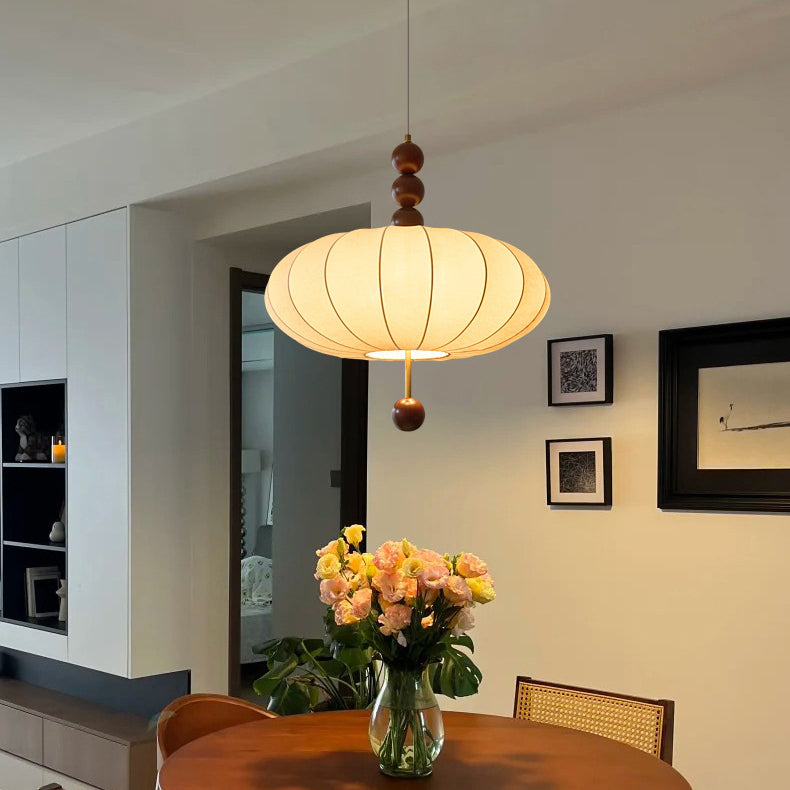 Traditional Chinese Flat Round Fabric Wood 3/4 Light Pendant Light For Bedroom