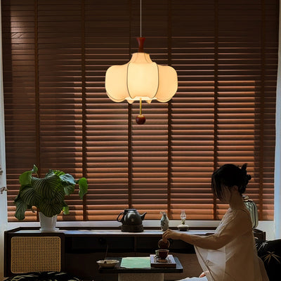 Traditional Chinese Flower Onion Fabric Wood 3-Light Pendant Light For Bedroom