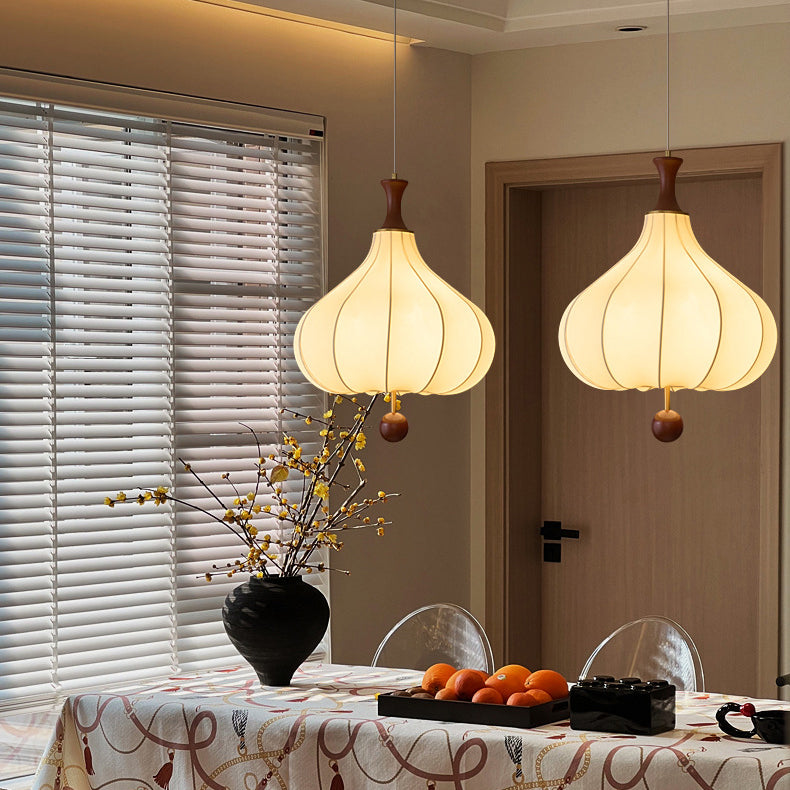 Traditional Chinese Flower Onion Fabric Wood 3-Light Pendant Light For Bedroom