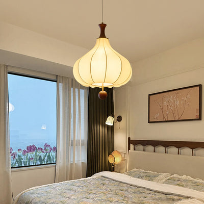 Traditional Chinese Flower Onion Fabric Wood 3-Light Pendant Light For Bedroom