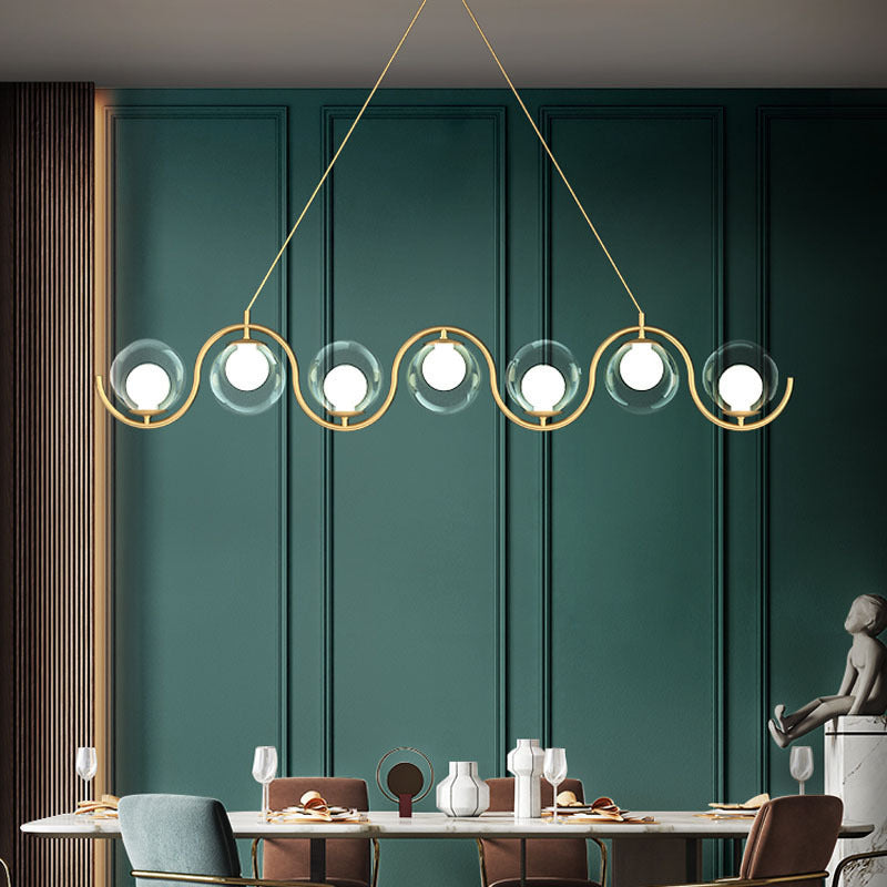 Modern Minimalist Round Ball Wave Iron Glass 3/7 Light Island Light Chandelier For Dining Room