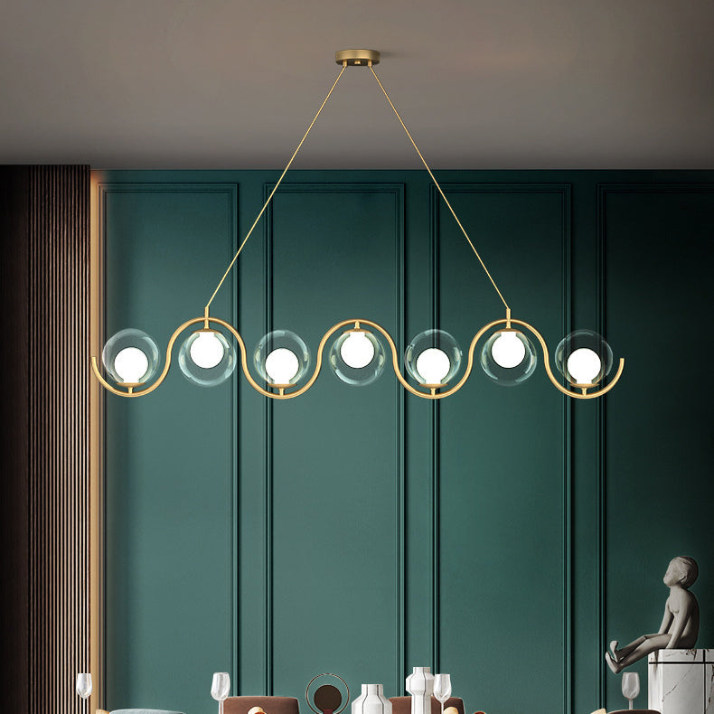 Modern Minimalist Round Ball Wave Iron Glass 3/7 Light Island Light Chandelier For Dining Room