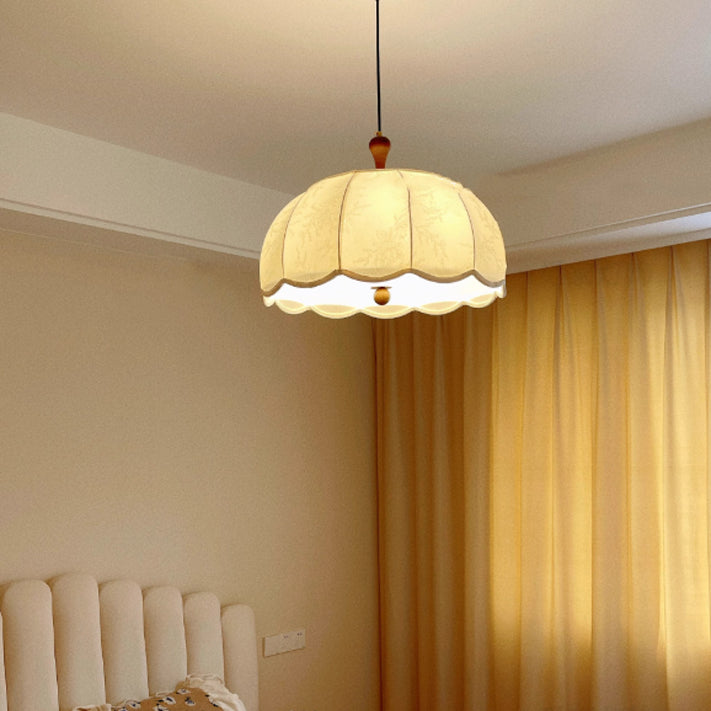 Traditional Vintage Flower Half Sphere Wooden Fabric Acrylic 3/5 Light Pendant Light For Bedroom