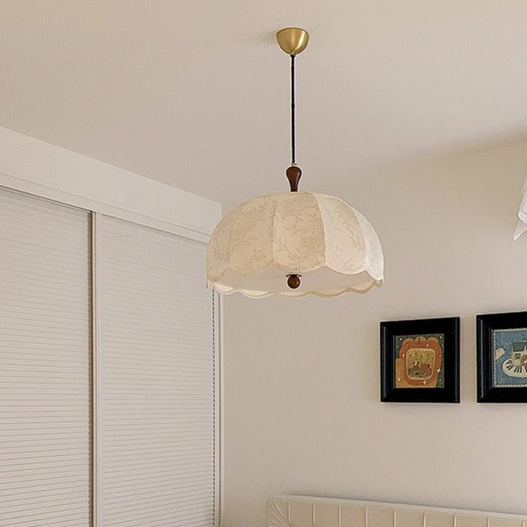 Traditional Vintage Flower Half Sphere Wooden Fabric Acrylic 3/5 Light Pendant Light For Bedroom