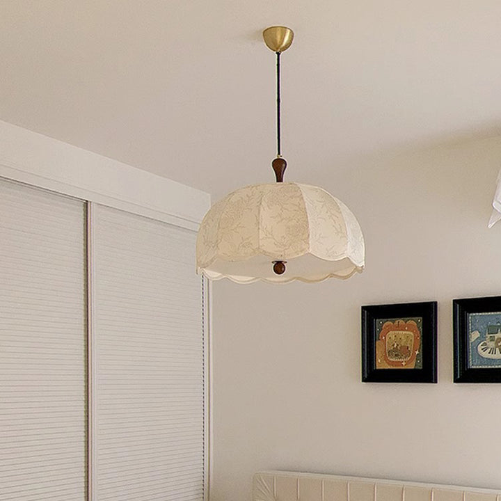 Traditional Vintage Flower Half Sphere Wooden Fabric Acrylic 3/5 Light Pendant Light For Bedroom
