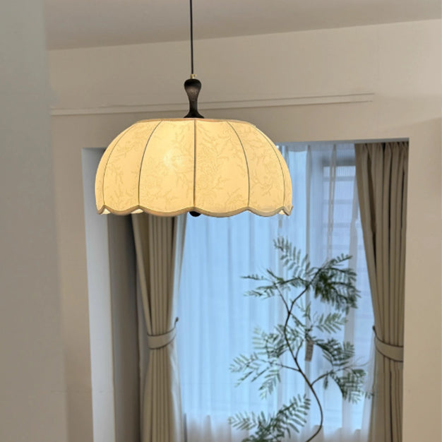 Traditional Vintage Flower Half Sphere Wooden Fabric Acrylic 3/5 Light Pendant Light For Bedroom