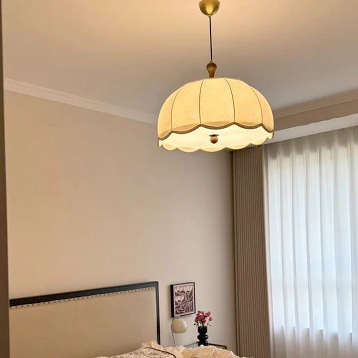 Traditional Vintage Flower Half Sphere Wooden Fabric Acrylic 3/5 Light Pendant Light For Bedroom