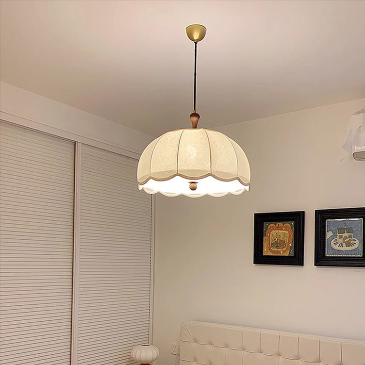 Traditional Vintage Flower Half Sphere Wooden Fabric Acrylic 3/5 Light Pendant Light For Bedroom