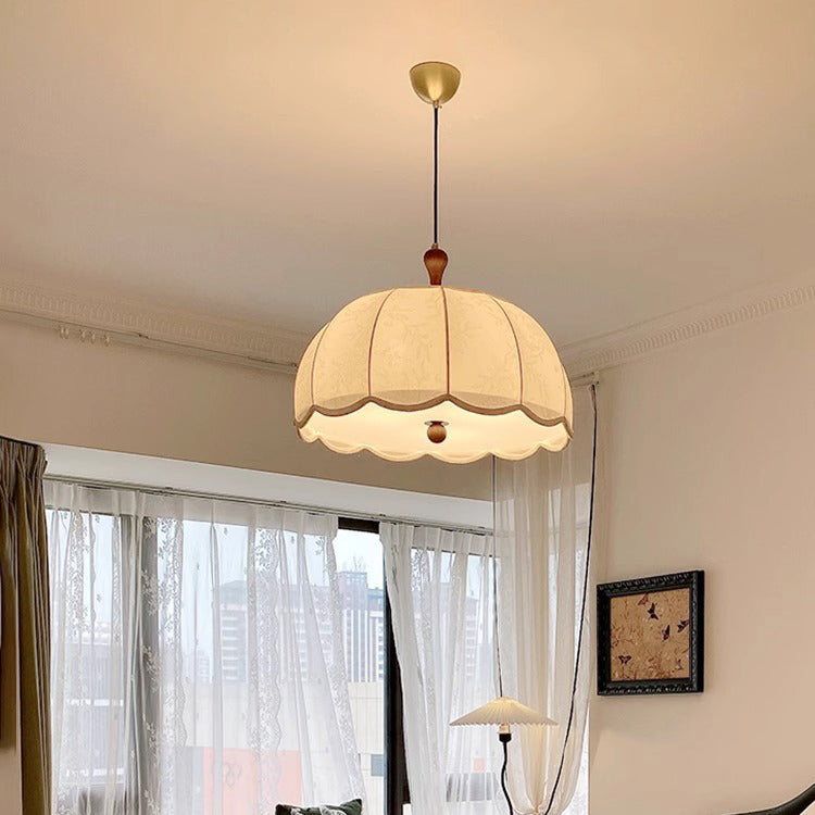 Traditional Vintage Flower Half Sphere Wooden Fabric Acrylic 3/5 Light Pendant Light For Bedroom