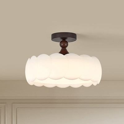 Modern Minimalist Cylindrical Cloud Acrylic White Ash Wood Iron LED Semi-Flush Mount Ceiling Light For Bedroom