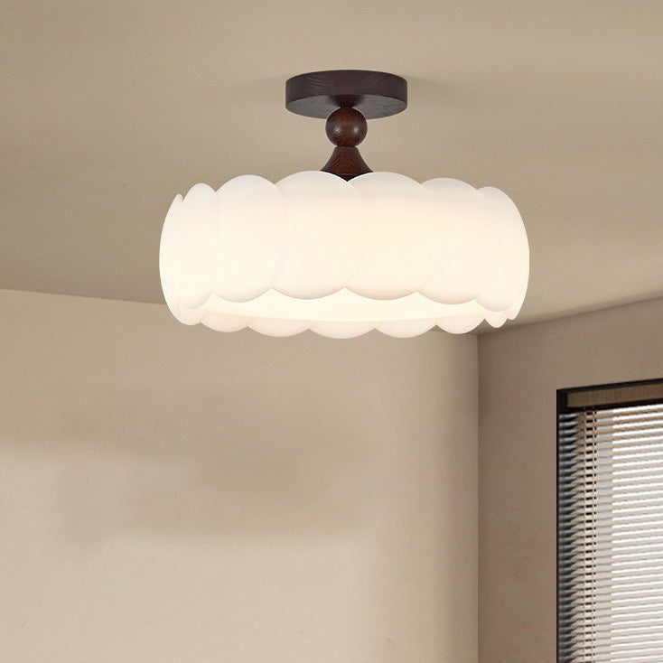 Modern Minimalist Cylindrical Cloud Acrylic White Ash Wood Iron LED Semi-Flush Mount Ceiling Light For Bedroom