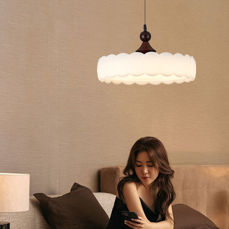 Modern Minimalist Cylindrical Cloud Acrylic White Ash Wood Iron LED Semi-Flush Mount Ceiling Light For Bedroom