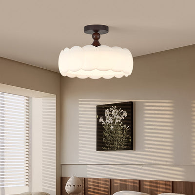 Modern Minimalist Cylindrical Cloud Acrylic White Ash Wood Iron LED Semi-Flush Mount Ceiling Light For Bedroom