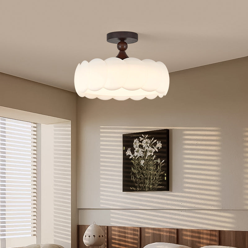 Modern Minimalist Cylindrical Cloud Acrylic White Ash Wood Iron LED Semi-Flush Mount Ceiling Light For Bedroom