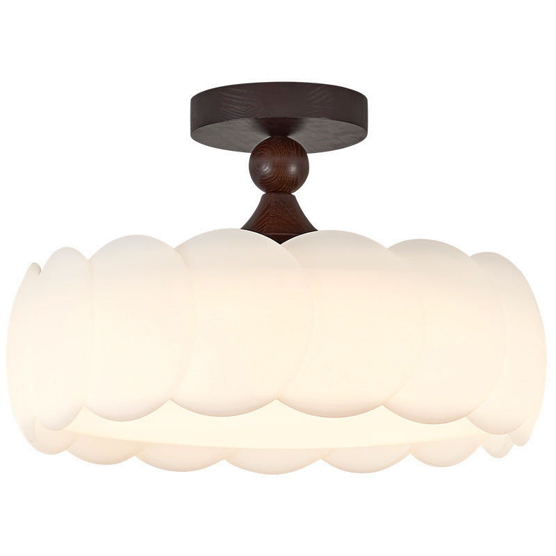 Modern Minimalist Cylindrical Cloud Acrylic White Ash Wood Iron LED Semi-Flush Mount Ceiling Light For Bedroom