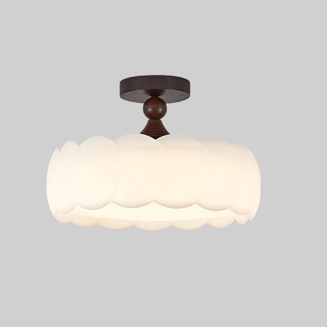 Modern Minimalist Cylindrical Cloud Acrylic White Ash Wood Iron LED Semi-Flush Mount Ceiling Light For Bedroom
