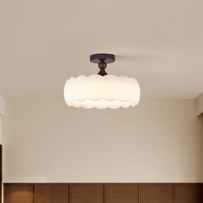 Modern Minimalist Cylindrical Cloud Acrylic White Ash Wood Iron LED Semi-Flush Mount Ceiling Light For Bedroom
