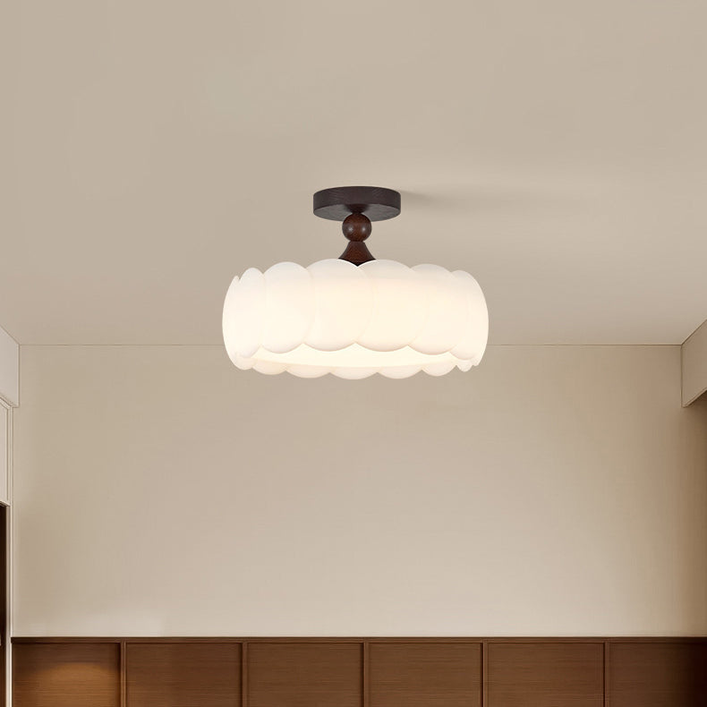 Modern Minimalist Cylindrical Cloud Acrylic White Ash Wood Iron LED Semi-Flush Mount Ceiling Light For Bedroom