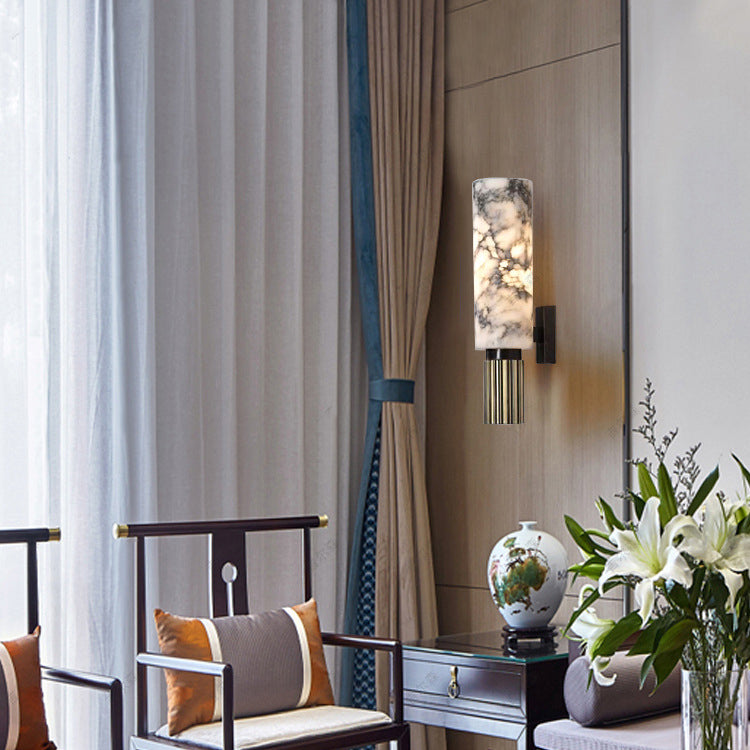 Contemporary Scandinavian Cylindrical Copper Stone Iron 1-Light Wall Sconce Lamp For Bedroom