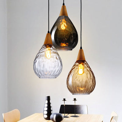 Modern Minimalist Water Drop Glass Wood 1-Light Pendant Light For Dining Room