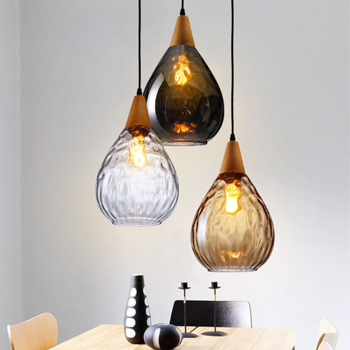 Modern Minimalist Water Drop Glass Wood 1-Light Pendant Light For Dining Room
