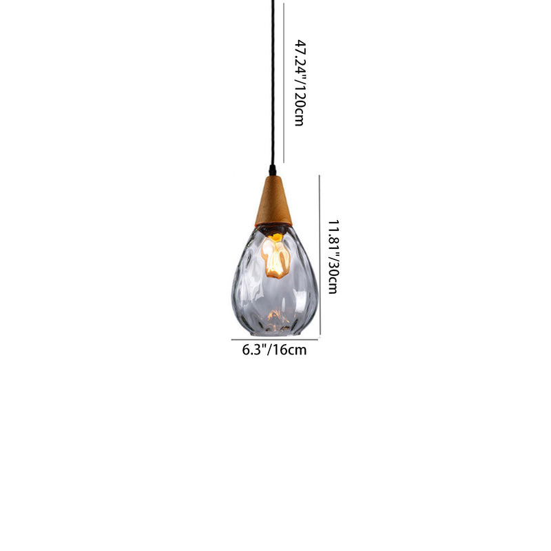 Modern Minimalist Water Drop Glass Wood 1-Light Pendant Light For Dining Room