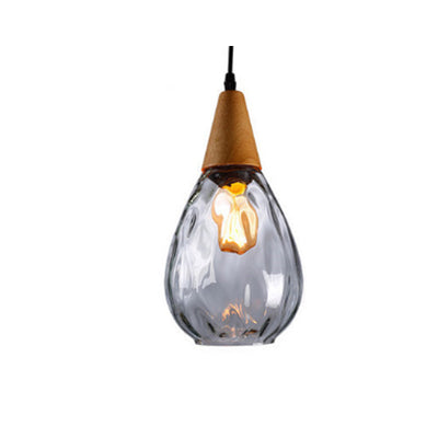 Modern Minimalist Water Drop Glass Wood 1-Light Pendant Light For Dining Room