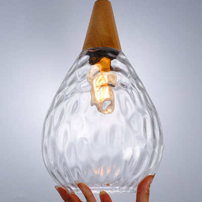 Modern Minimalist Water Drop Glass Wood 1-Light Pendant Light For Dining Room