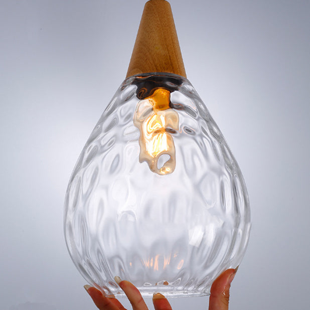 Modern Minimalist Water Drop Glass Wood 1-Light Pendant Light For Dining Room