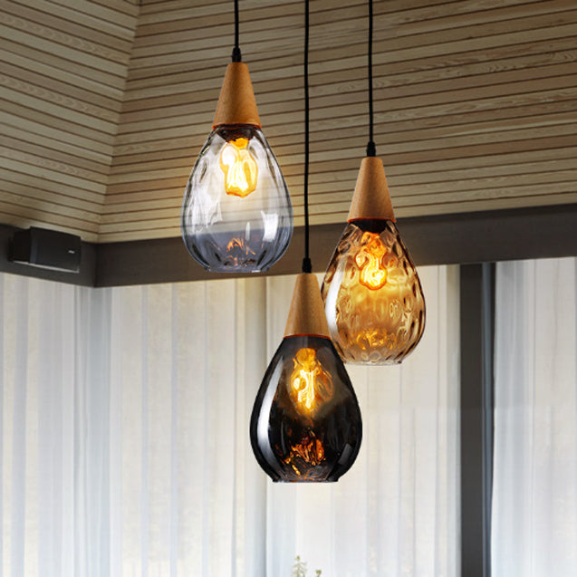 Modern Minimalist Water Drop Glass Wood 1-Light Pendant Light For Dining Room