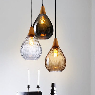 Modern Minimalist Water Drop Glass Wood 1-Light Pendant Light For Dining Room