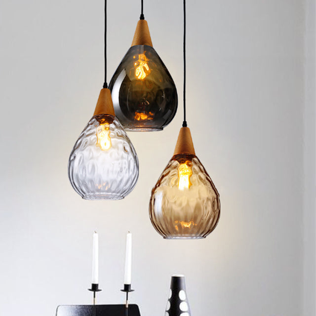 Modern Minimalist Water Drop Glass Wood 1-Light Pendant Light For Dining Room
