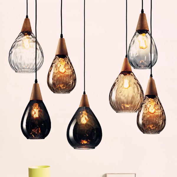 Modern Minimalist Water Drop Glass Wood 1-Light Pendant Light For Dining Room