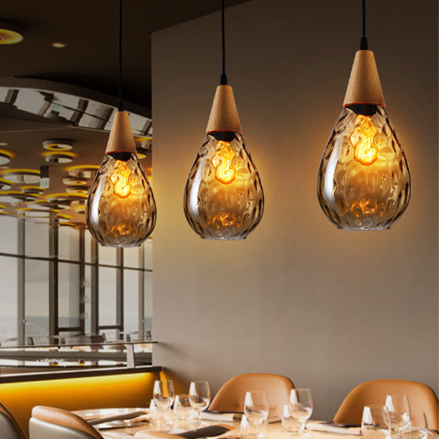Modern Minimalist Water Drop Glass Wood 1-Light Pendant Light For Dining Room
