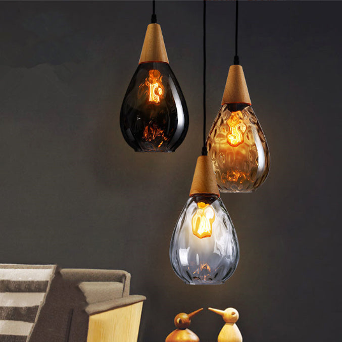 Modern Minimalist Water Drop Glass Wood 1-Light Pendant Light For Dining Room