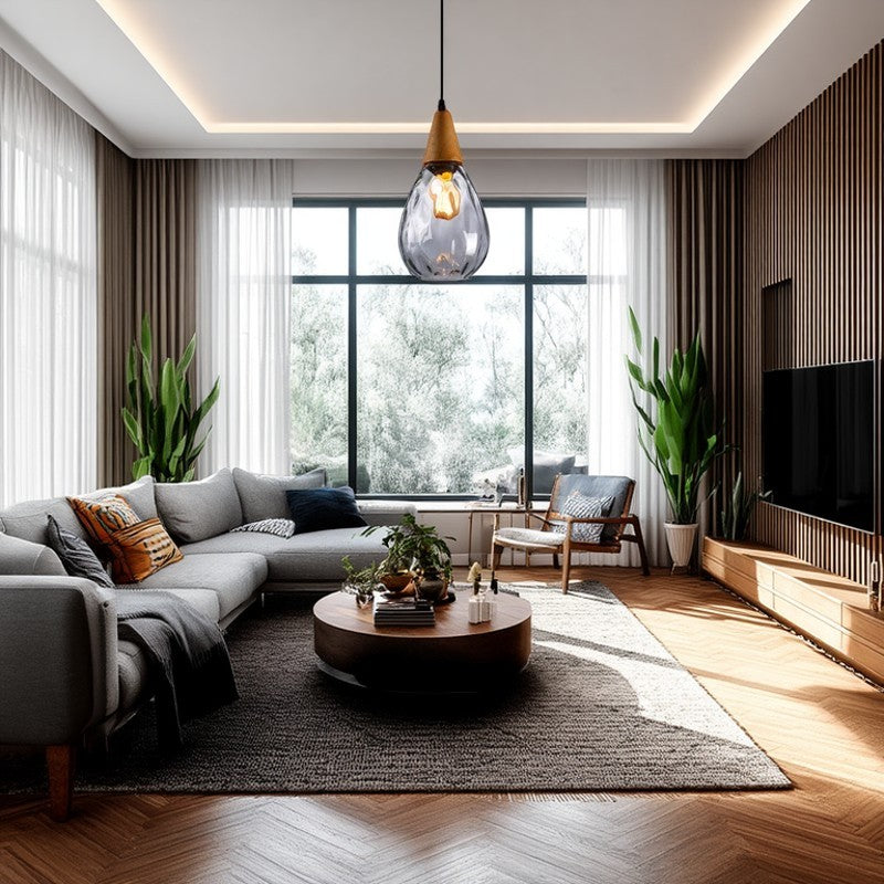 Moderne minimalistische Wassertröpfchen Glas Holz 1-Licht Pendelleuchte für Esszimmer 