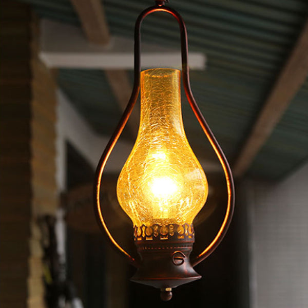 Traditional Chinese Gourd Water Drop Glass Iron 1-Light Pendant Light For Bedroom