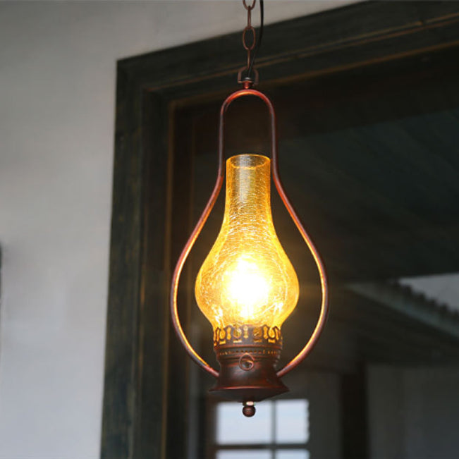 Traditional Chinese Gourd Water Drop Glass Iron 1-Light Pendant Light For Bedroom