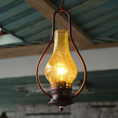 Traditional Chinese Gourd Water Drop Glass Iron 1-Light Pendant Light For Bedroom