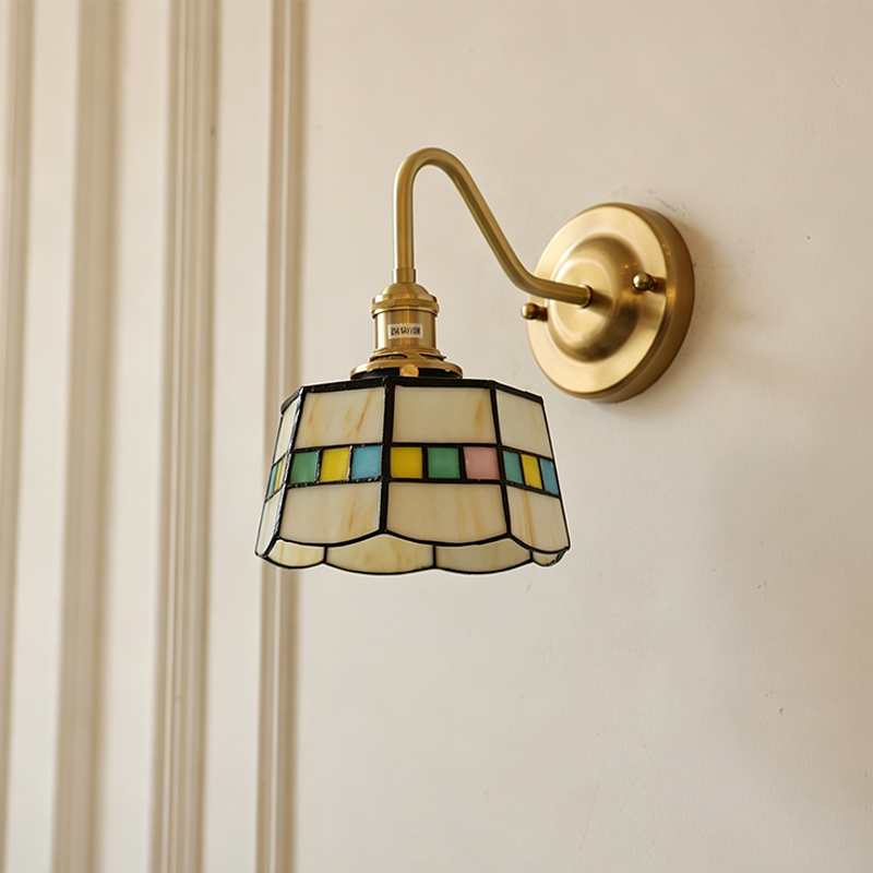 Traditional Tiffany Round Copper Glass 1-Light Wall Sconce Lamp For Living Room