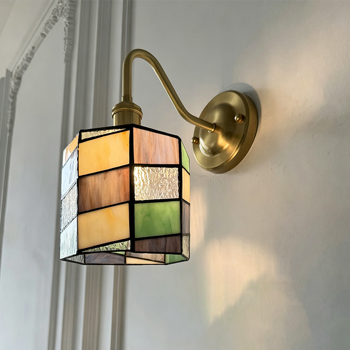 Traditional Tiffany Round Copper Glass 1-Light Wall Sconce Lamp For Living Room