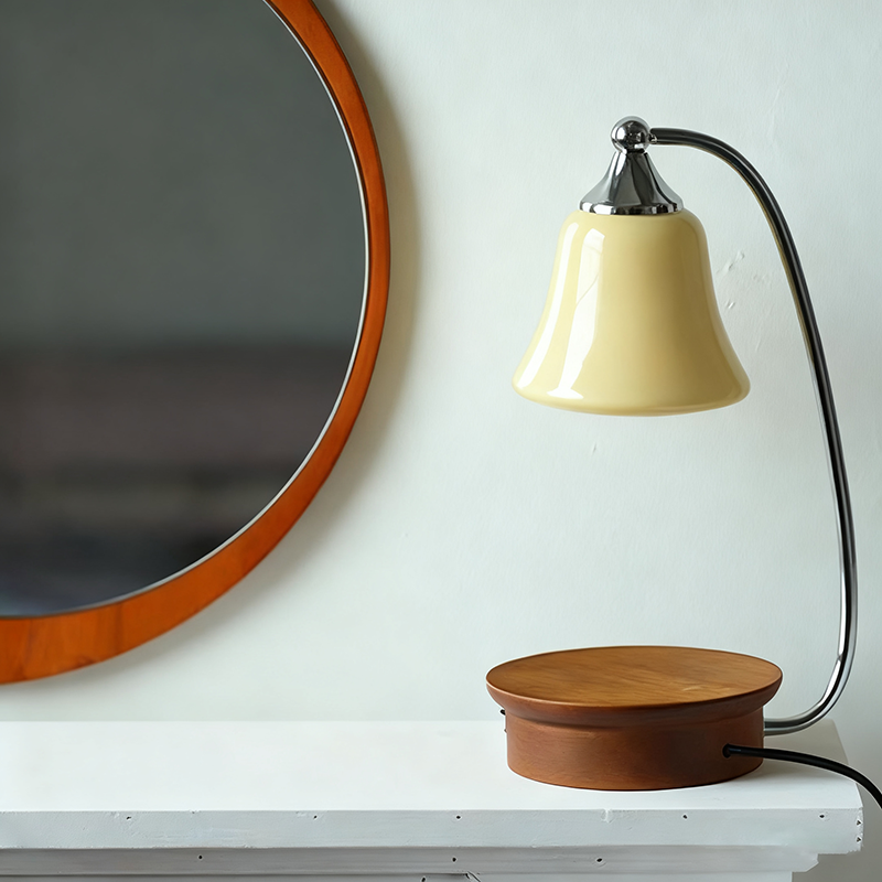 Abat-jour en verre nordique contemporain avec base en bois massif 1-lumière lampe de table cire fondue pour chambre à coucher 