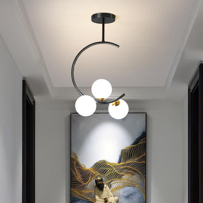 Contemporary Scandinavian C-Shaped Iron Glass 3-Light Chandelier For Living Room
