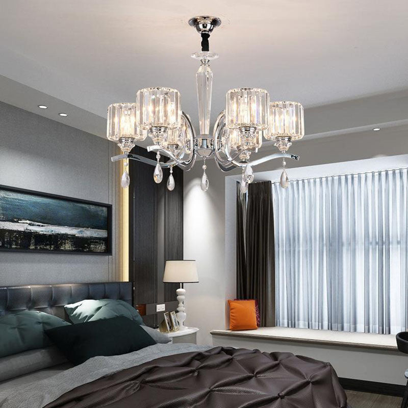 Contemporary Scandinavian Branch Shape Chromium Crystal 6/8-Light Chandelier For Bedroom