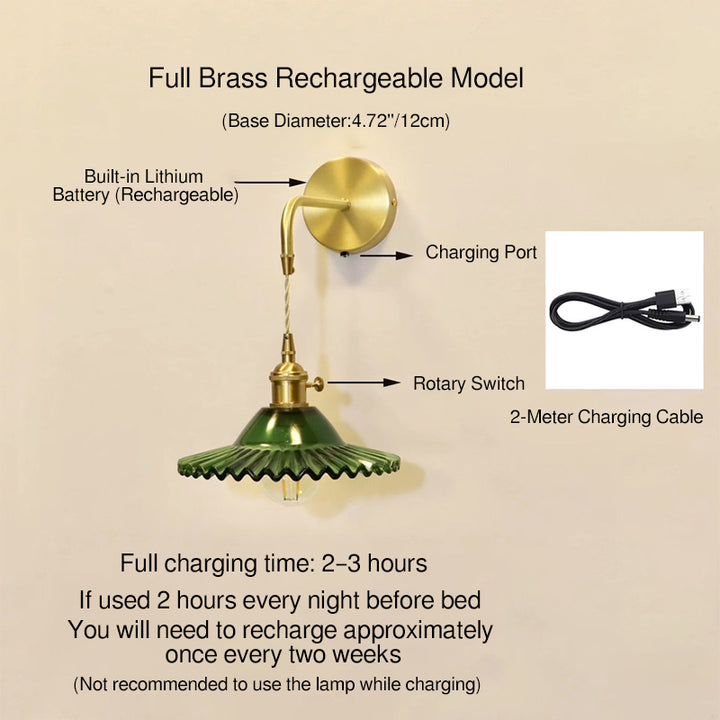 Contemporary Retro Rechargeable Brass Glass Scalloped Skirt 1-Light Wall Sconce Lamp For Bedside