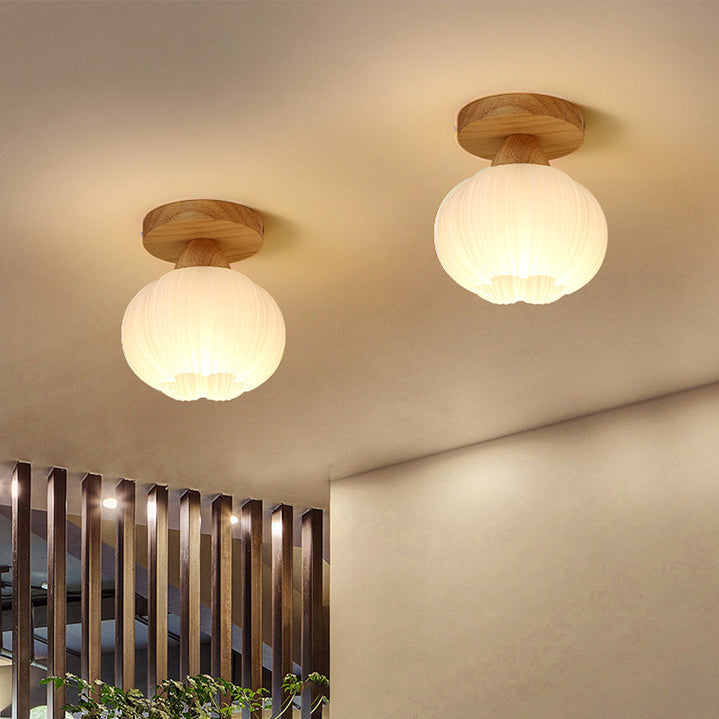 Contemporary Nordic Solid Wood Acrylic Round Floral Stripe 1-Light Semi-Flush Mount Ceiling Light For Hallway