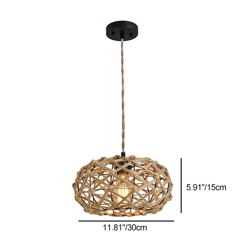 Traditionelle rustikale Eisen- und Rattan-gewebte runde 1-Licht verstellbare Pendelleuchte für Schlafzimmer und Wohnzimmer 