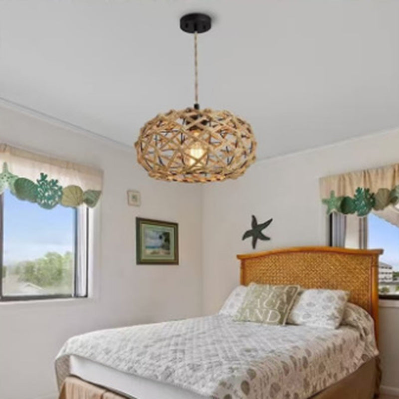 Traditional Rustic Iron &amp; Rattan Woven Round 1-Light Adjustable Pendant Light For Bedroom &amp; Living Room